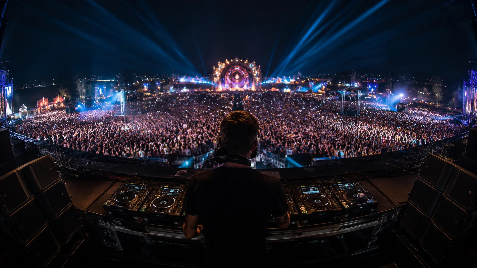 DJ performing in front of a massive festival crowd at night